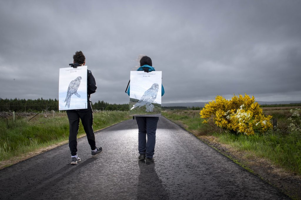 Two people walk down an empty country road wearing mirrors on their back. Each mirror has text and a carving of a bird. The road is surrounded by fields of grass and gorse. The sky above is grey.