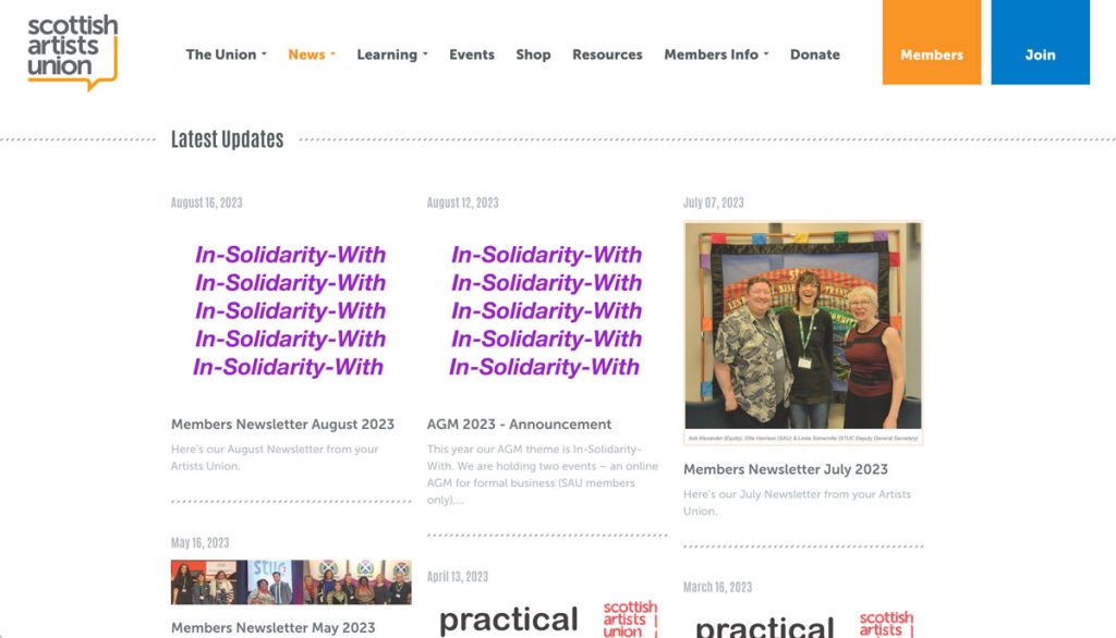 A screenshot of the Scottish Artist Union webpage.